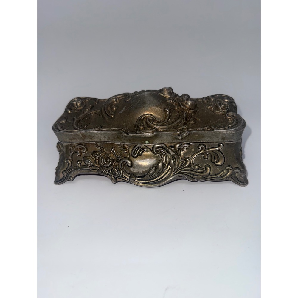 Vintage Art Nouveau Silver Tone Rose Floral Metal Trinket Jewelry Box Red Velvet